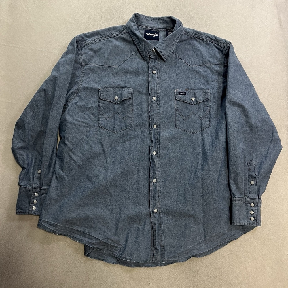 Vintage Wrangler Pearl Snap Shirt Men's Size 3XB Blue Chambray Long Sleeve